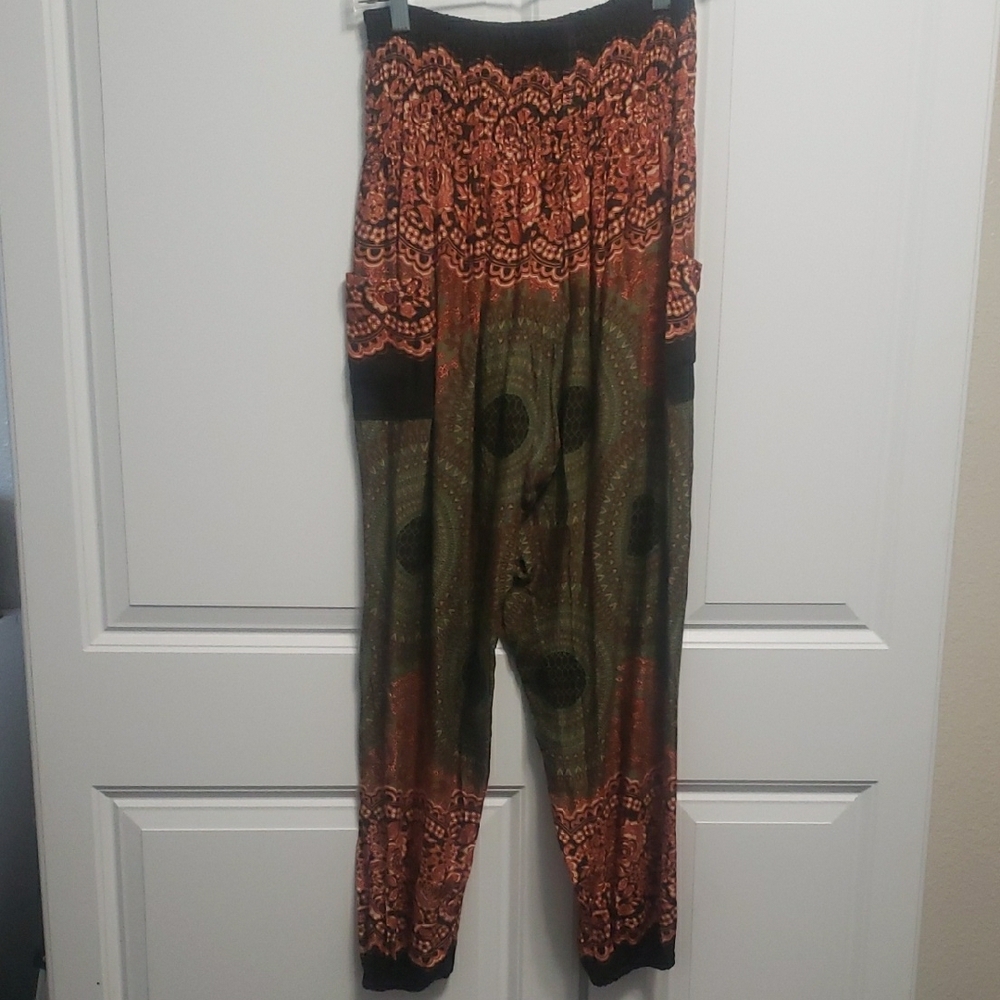 Orange and Green Cropped Jumpsuit with Ornate Pattern